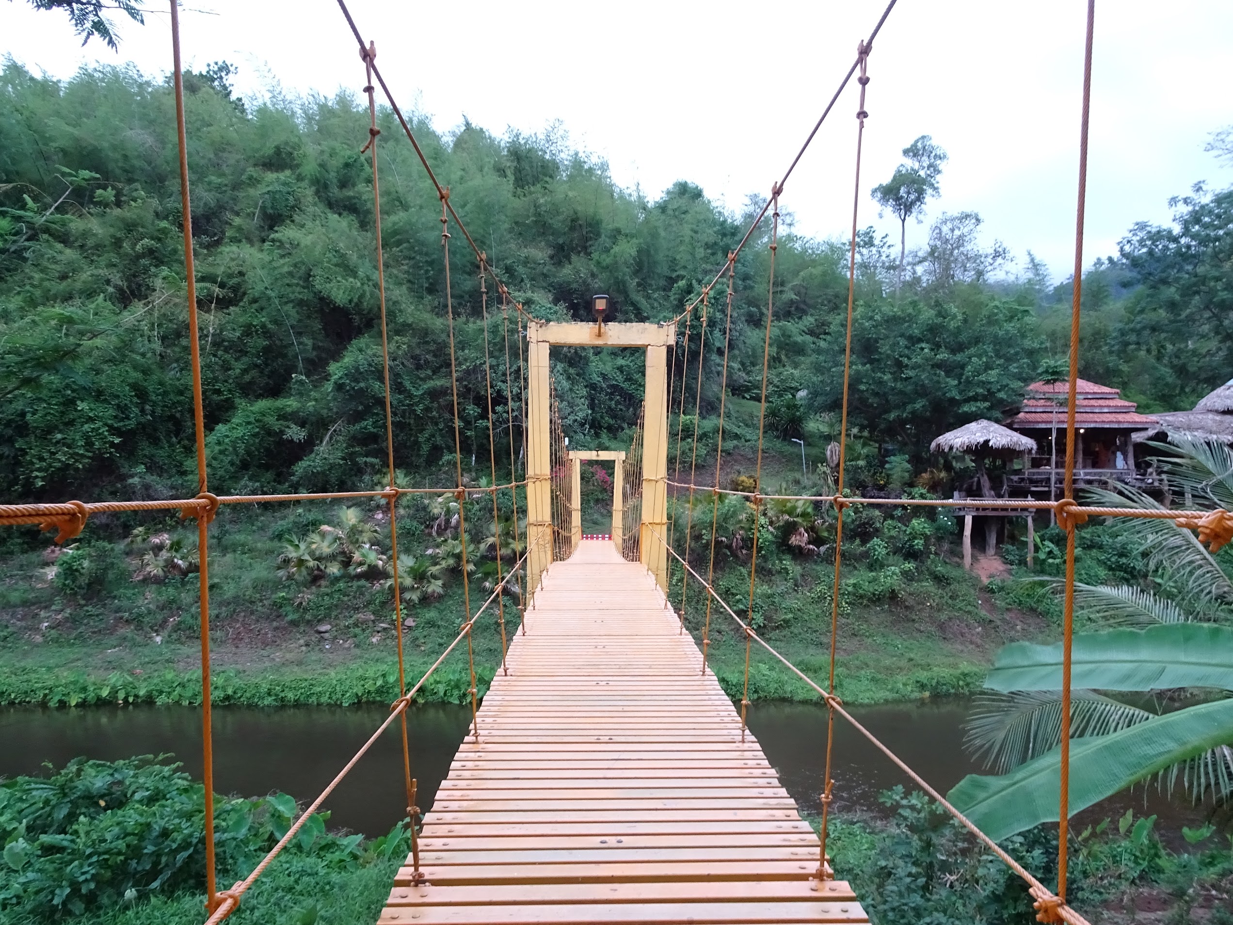 สะพานแขวนสีเหลืองข้ามลำธารเชื่อมต่อหมู่บ้านและร้านกาแฟ